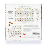 Back of a Dinosaur Bingo game box featuring colorful illustrations of various dinosaurs on bingo cards. Includes game contents and instructions. Fun and educational for 3-8 players, ages 3+.