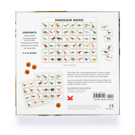 Back of a Dinosaur Bingo game box featuring colorful illustrations of various dinosaurs on bingo cards. Includes game contents and instructions. Fun and educational for 3-8 players, ages 3+.