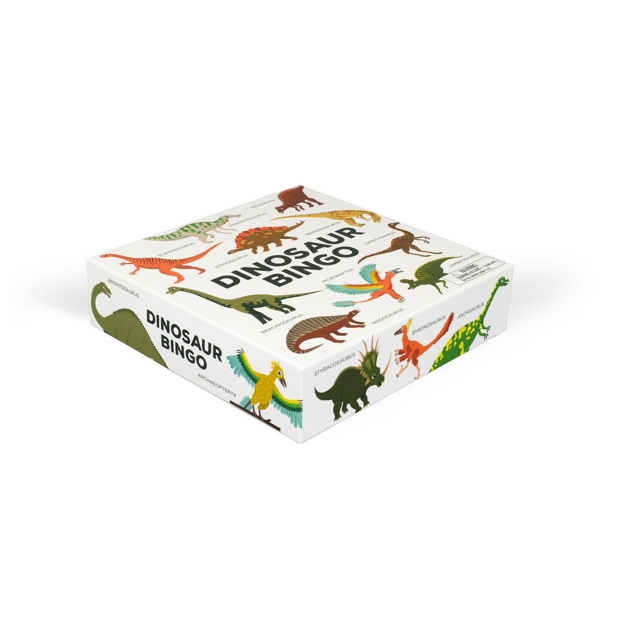 Box labeled "Dinosaur Bingo" featuring colorful dinosaur illustrations, like Brachiosaurus and Triceratops. The playful design suggests a fun, educational game.