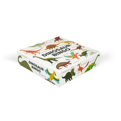Box labeled "Dinosaur Bingo" featuring colorful dinosaur illustrations, like Brachiosaurus and Triceratops. The playful design suggests a fun, educational game.