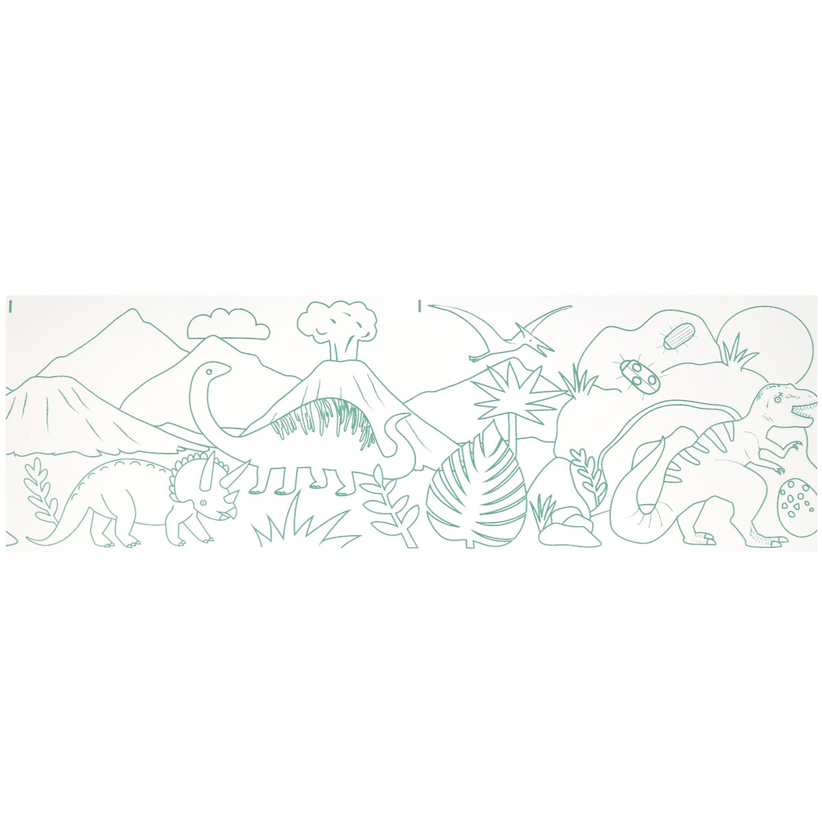Green outline illustration of prehistoric landscape on a dinosaur colouring-in roll.