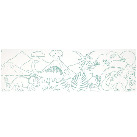 Green outline illustration of prehistoric landscape on a dinosaur colouring-in roll.