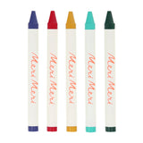 Five colorful crayons in blue, red, yellow, turquoise, and dark green with Meri Meri branding.