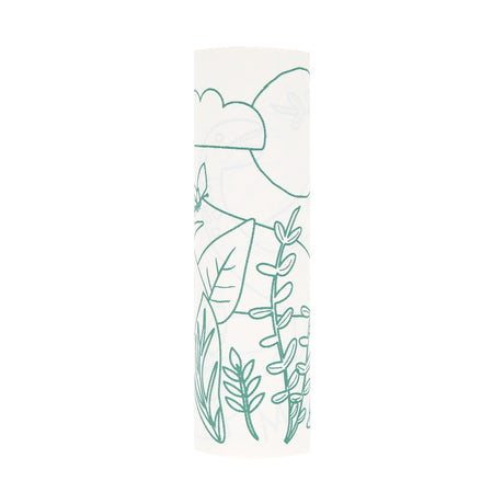 Green outline illustration of prehistoric foliage on a rolled coloring sheet.
