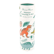 Dinosaur colouring-in roll in a cylindrical cardboard container featuring illustrations of T-Rex and other dinosaurs.