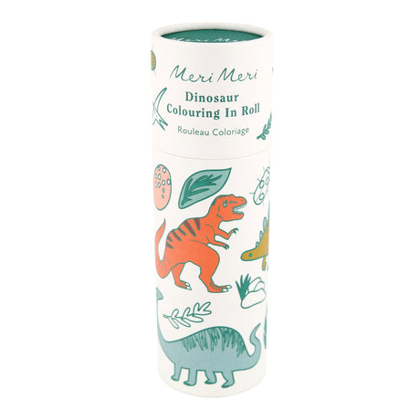 Dinosaur colouring-in roll in a cylindrical cardboard container featuring illustrations of T-Rex and other dinosaurs.