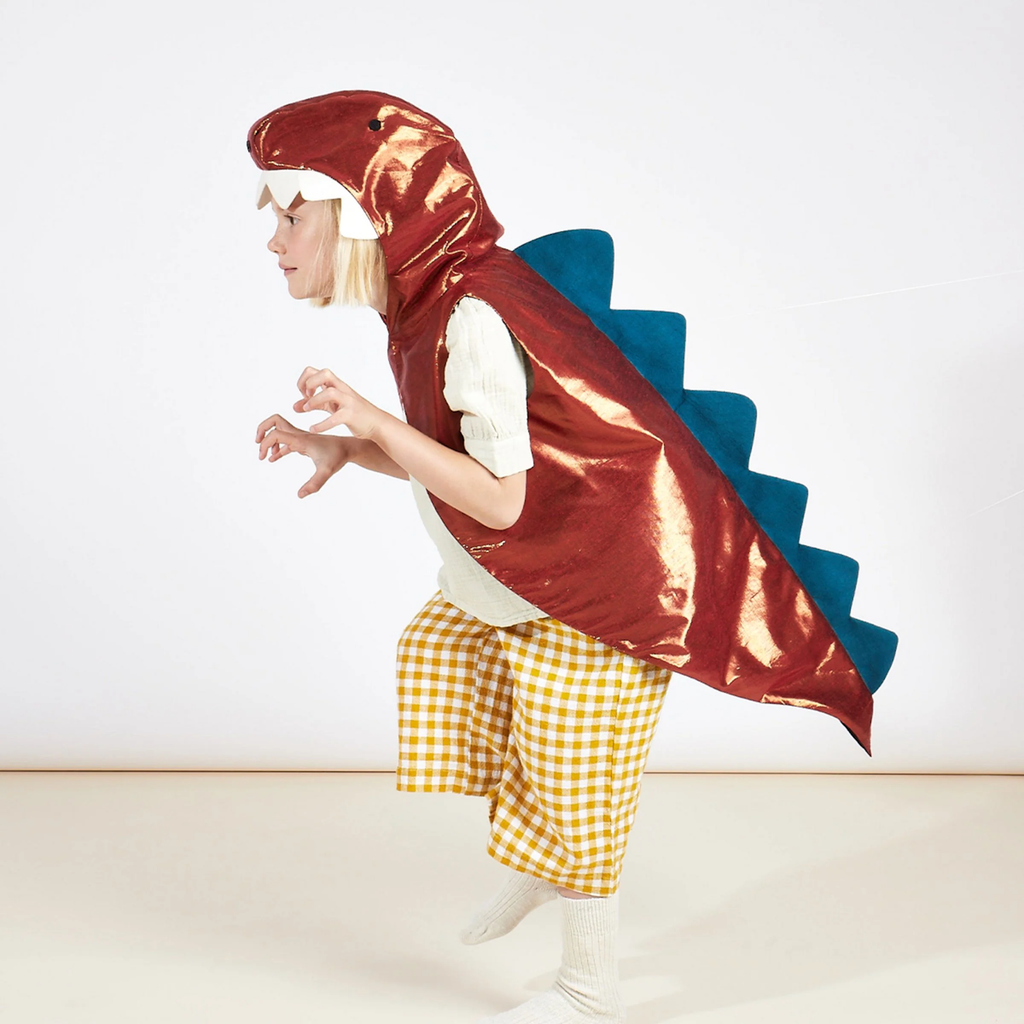 A fun costume set featuring a green dinosaur cape with felt spikes and a matching headpiece, perfect for imaginative play and parties.