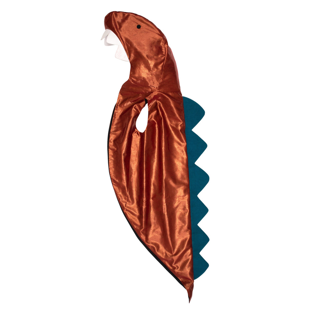 A fun costume set featuring a dinosaur cape with felt spikes and a matching headpiece, perfect for imaginative play and parties.