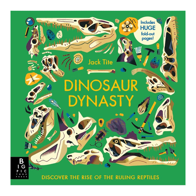 Green book cover titled "Dinosaur Dynasty" by Jack Tite, features illustrated dinosaur skulls, fossils, and tools. Includes a note on fold-out pages.