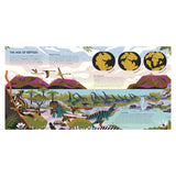 Illustration of the Age of Reptiles featuring diverse dinosaurs, flying reptiles, and lush prehistoric landscapes. Includes text and maps showing continental drift. Colorful and educational.