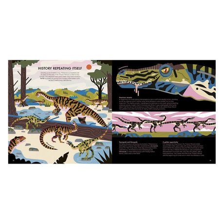 Illustrated scene of prehistoric reptiles in a vibrant forest with colorful patterns. Text sections describe different species and evolution themes.