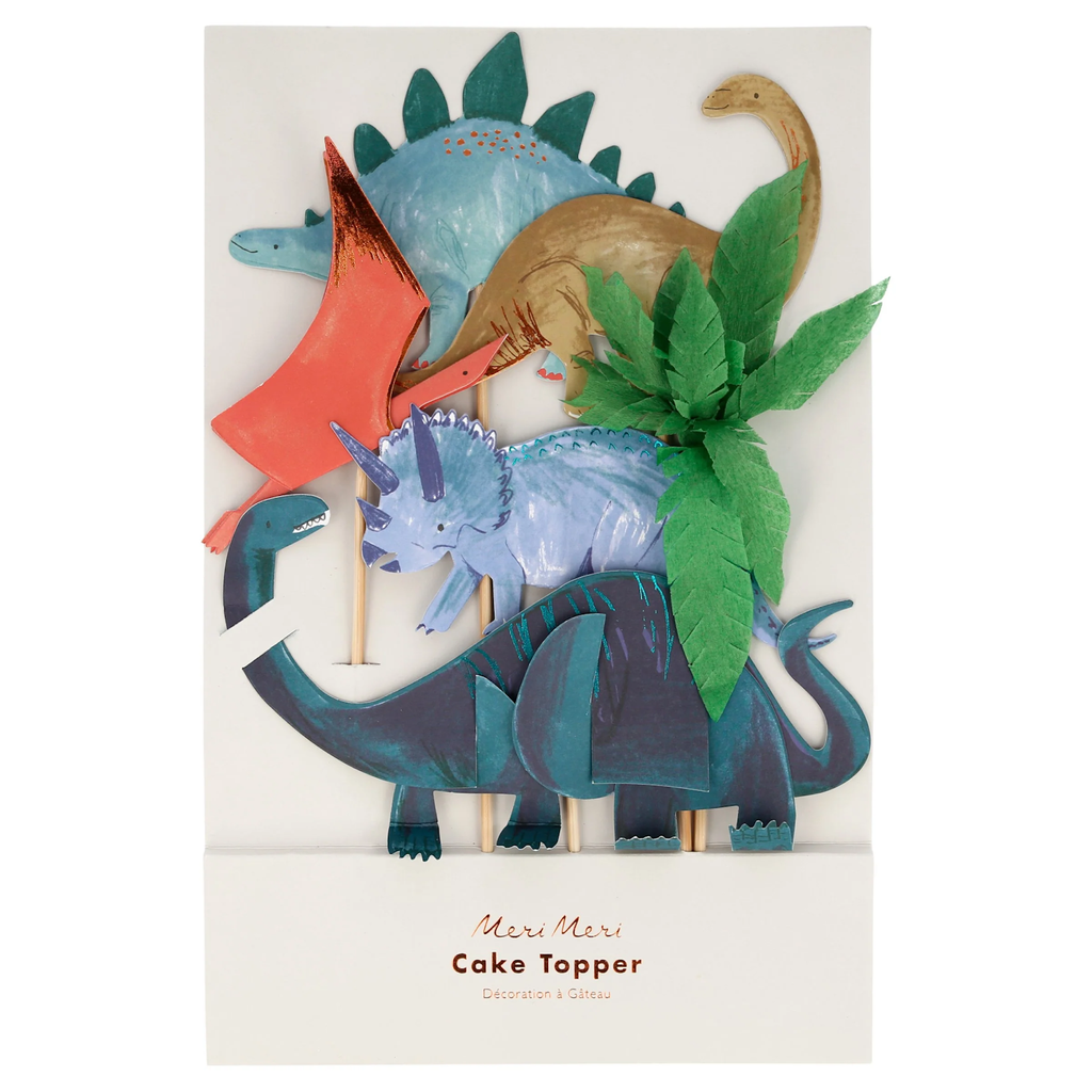 A set of colorful dinosaur-themed cake toppers featuring various dinosaurs and foliage, perfect for adding a prehistoric touch to birthday cakes.