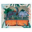 Dinosaur kingdom cupcake kit box containing dinosaur toppers and metallic baking cups.