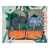 Dinosaur kingdom cupcake kit box containing dinosaur toppers and metallic baking cups.