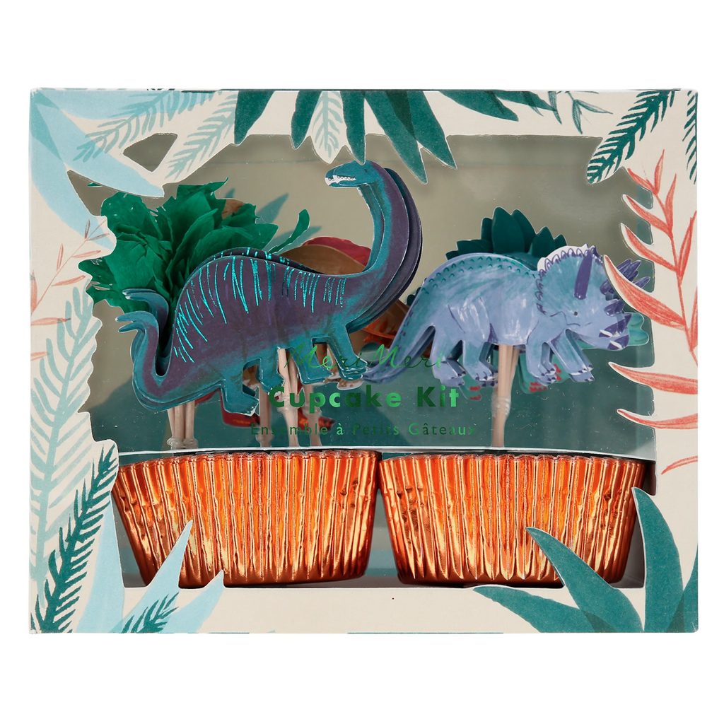 A set of cupcake toppers and wrappers featuring colorful dinosaurs and palm trees, perfect for a prehistoric party theme.