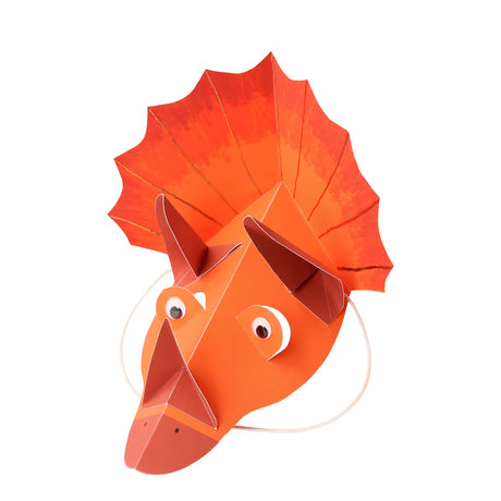 Bright orange origami-style Triceratops party hat with paper horns, googly eyes, and a large fan frill.