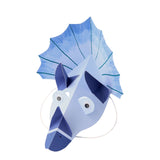 Light blue origami-style Triceratops party hat with paper horns, googly eyes, and a large fan frill.