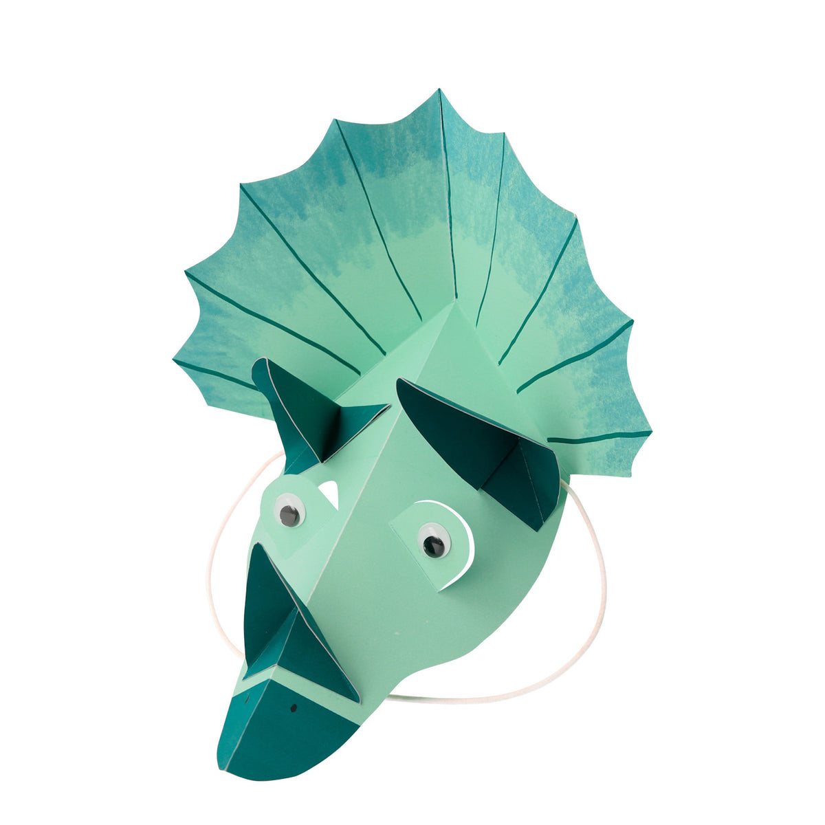 Mint green origami-style Triceratops party hat with paper horns, googly eyes, and a large fan frill.