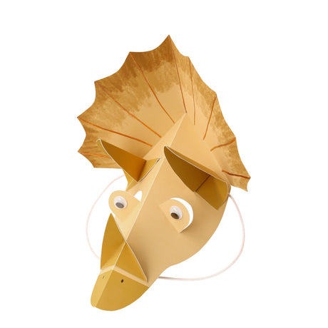 Yellow-gold origami-style Triceratops party hat with paper horns, googly eyes, and a large fan frill.