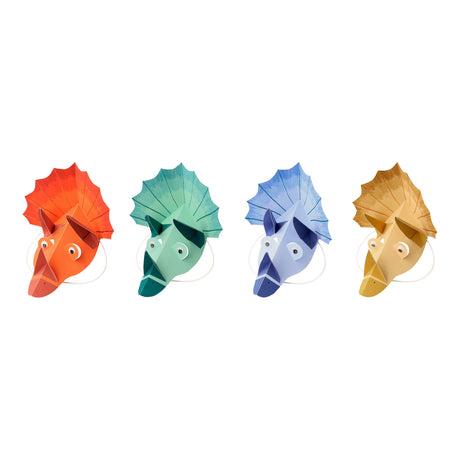 Set of four colorful origami-style Triceratops party hats lined up: orange, mint green, blue, and yellow-gold.