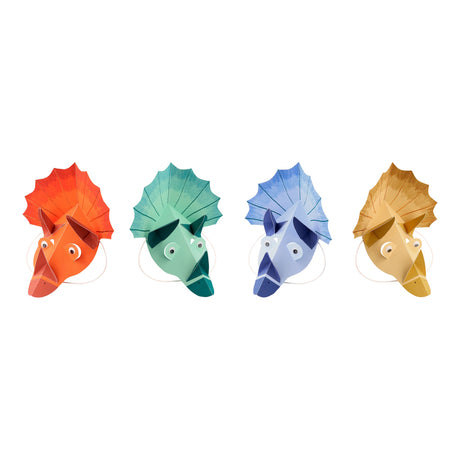 Four colorful origami-style Triceratops party hats facing slightly inward on a white background.