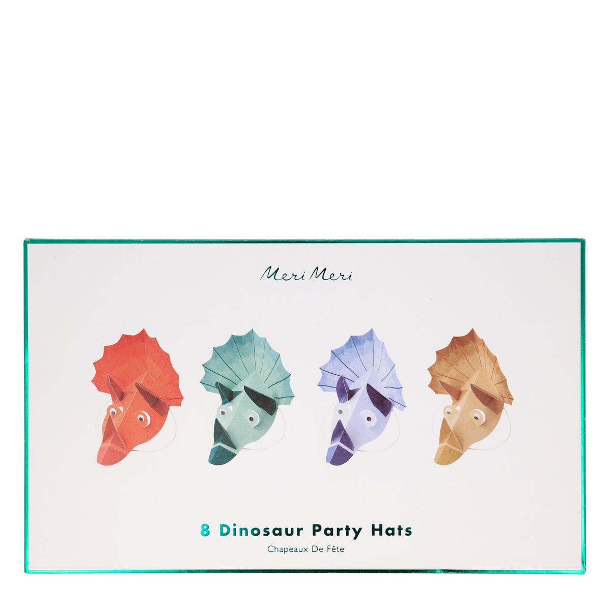Packaging for Meri Meri 8 Dinosaur Party Hats featuring four colorful origami Triceratops designs.