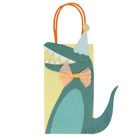 Dinosaur party bag with party hat and bow tie, part of the Meri Meri Animal Parade collection for kids' birthday parties.