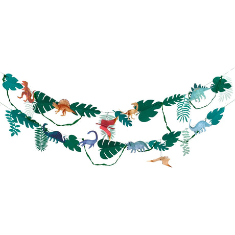 Dinosaur themed garland featuring tropical jungle leaves and various colorful dinosaurs on string.