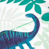 Close-up of a blue and purple long-necked dinosaur paper cutout strung on green cord among paper foliage.