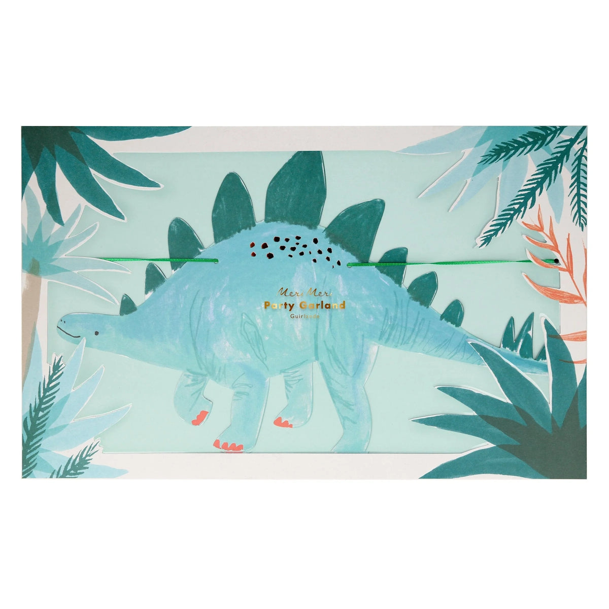 Packaging for a Meri Meri Dinosaur Kingdom Party Garland showing a blue stegosaurus cutout.
