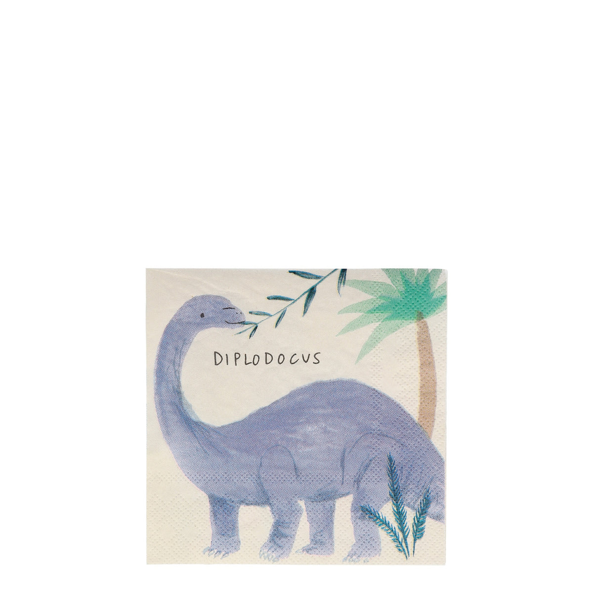 Meri Meri Dinosaur Kingdom small paper napkin featuring a blue Diplodocus illustration with palm trees for party decor.