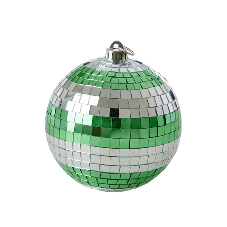 A spherical ornament covered in metallic green and silver tiles, resembling a disco ball, set against a white background. Reflective and festive.