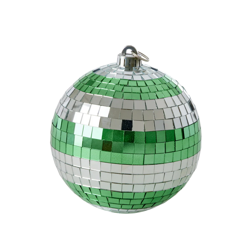 A spherical ornament covered in metallic green and silver tiles, resembling a disco ball, set against a white background. Reflective and festive.