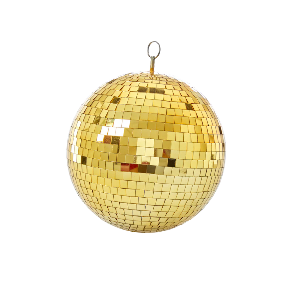 Golden disco ball against a white background, reflecting light in a lively and festive manner, evoking a sense of celebration and dance.