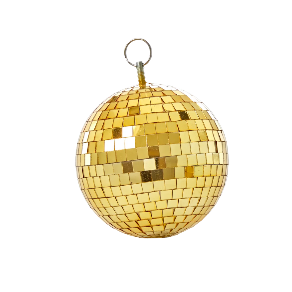 A shiny gold disco ball with small square mirrors gleams against a white background, reflecting light. A metal loop on top suggests it's for hanging.