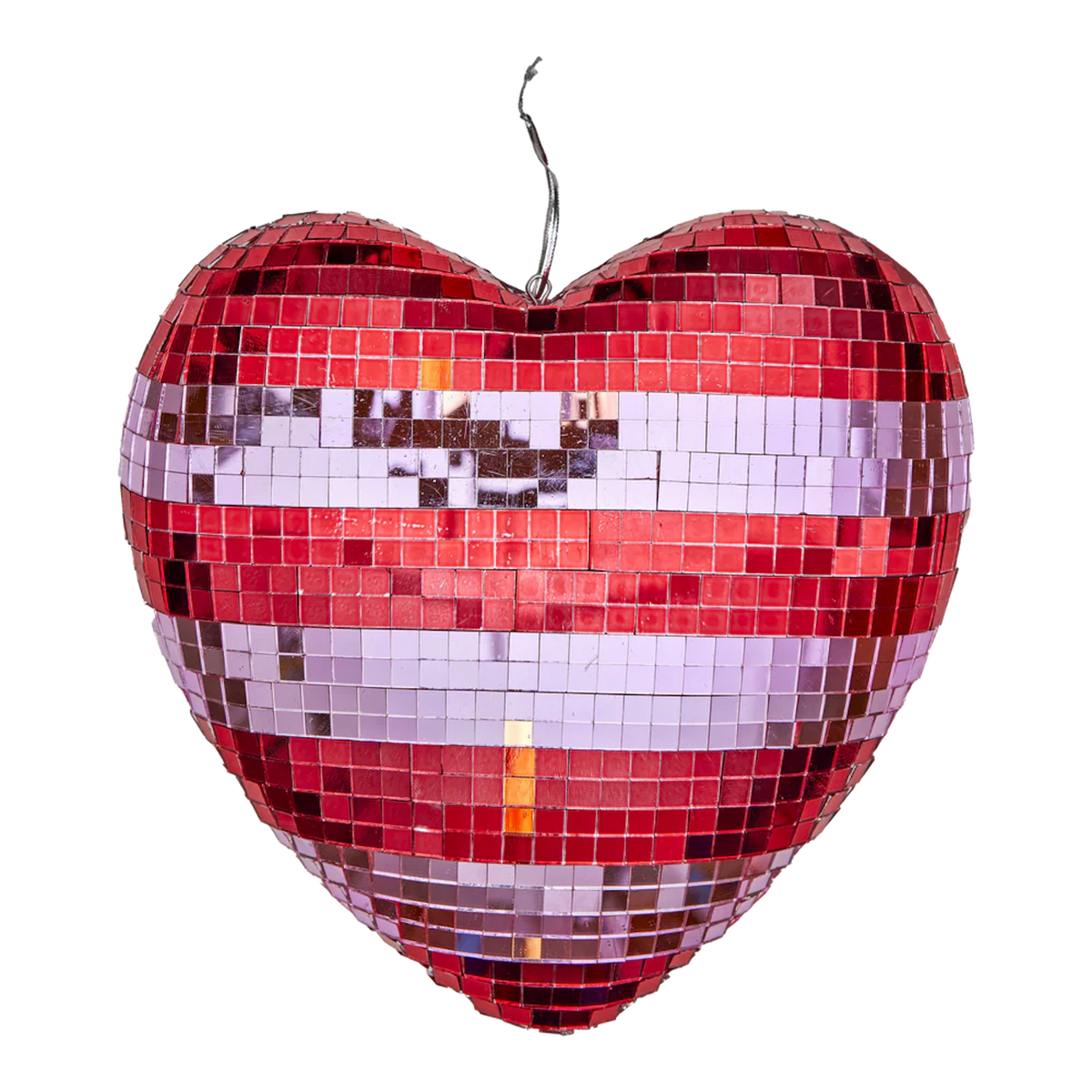 A heart-shaped mosaic disco ball with red, white, and silver tiles, creating a reflective and festive appearance against a white background.