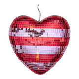 A heart-shaped mosaic disco ball with red, white, and silver tiles, creating a reflective and festive appearance against a white background.