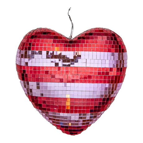 A heart-shaped mosaic disco ball with red, white, and silver tiles, creating a reflective and festive appearance against a white background.