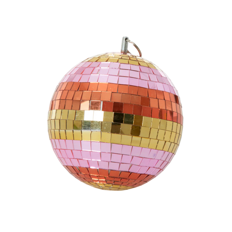 A striped disco ball with pink, orange, and gold tiles against a solid white background.