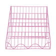 Pink metal wire display rack with three flat tiers, set against a black background. The grid design is simple, giving a modern and minimalist feel.