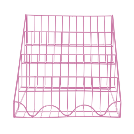 Pink metal wire display rack with three flat tiers, set against a black background. The grid design is simple, giving a modern and minimalist feel.