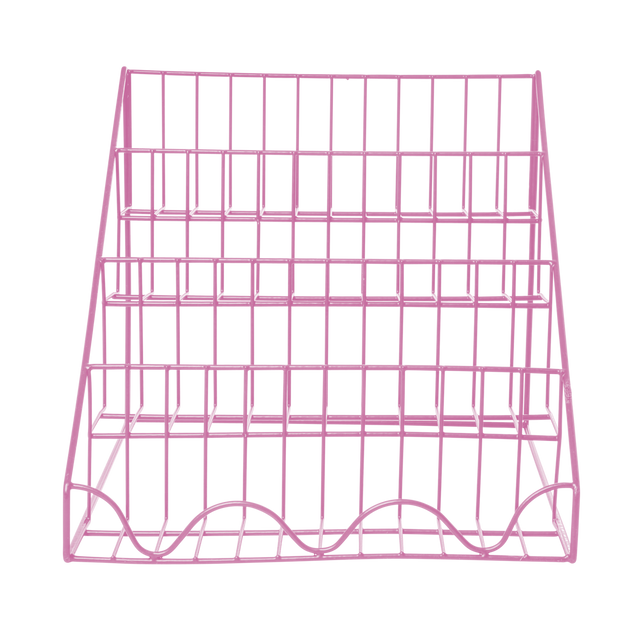 Pink metal wire display rack with three flat tiers, set against a black background. The grid design is simple, giving a modern and minimalist feel.