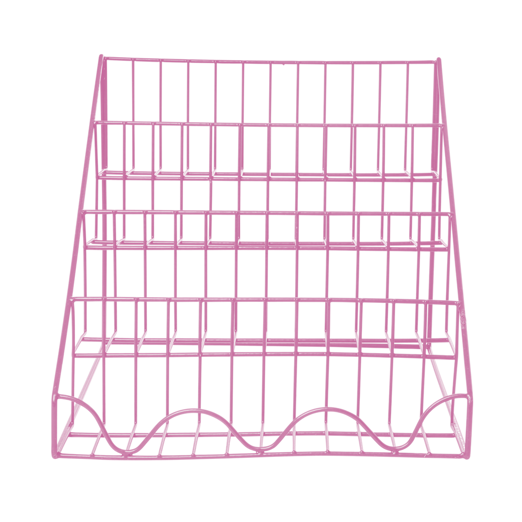 Pink metal wire display rack with three flat tiers, set against a black background. The grid design is simple, giving a modern and minimalist feel.