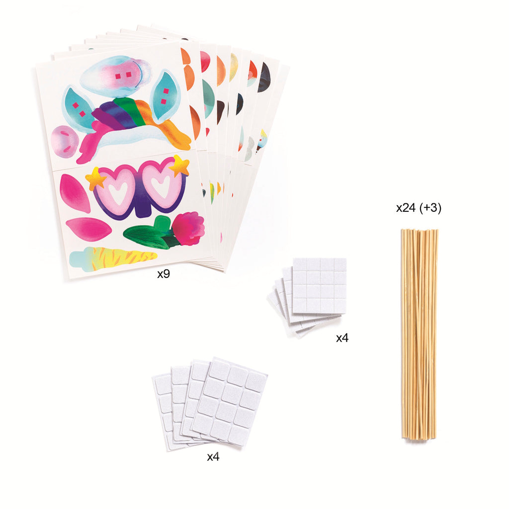 A kit featuring fun, customisable animal masks with colourful decorations for creative party activities or dress-up play.