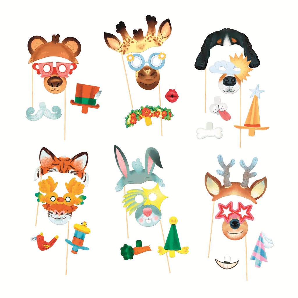 A kit featuring fun, customisable animal masks with colourful decorations for creative party activities or dress-up play.
