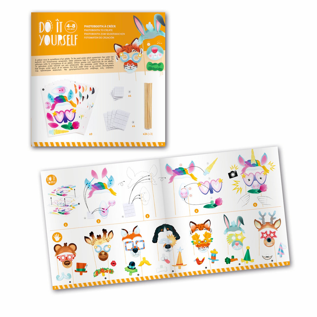A kit featuring fun, customisable animal masks with colourful decorations for creative party activities or dress-up play.