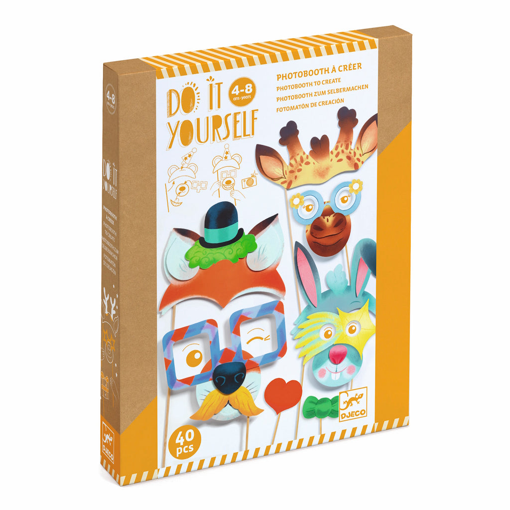 A kit featuring fun, customisable animal masks with colourful decorations for creative party activities or dress-up play.