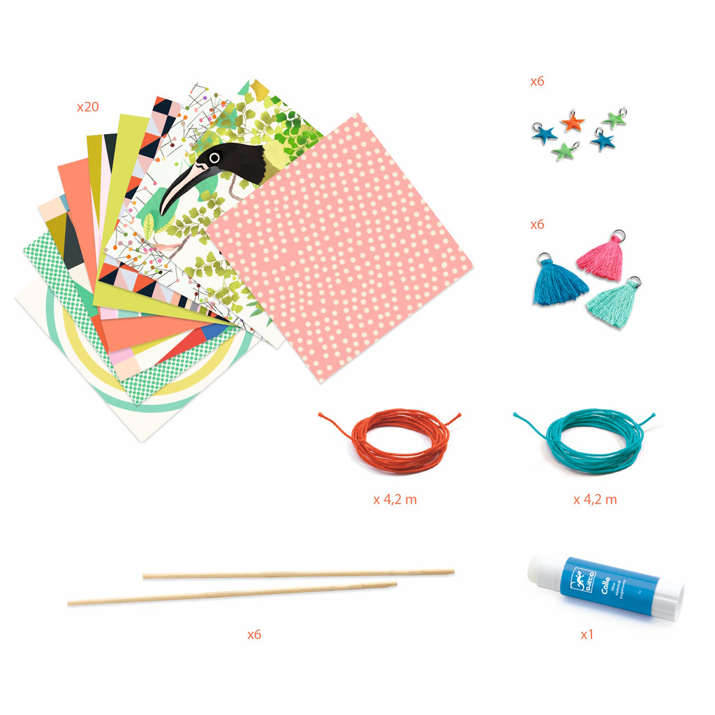 A DIY kit for making vibrant bracelets using rolled paper beads in fun patterns and bright colours.