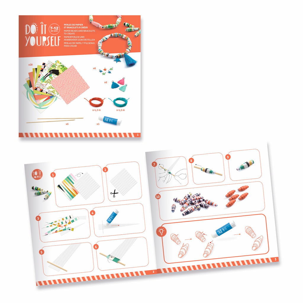A DIY kit for making vibrant bracelets using rolled paper beads in fun patterns and bright colours.