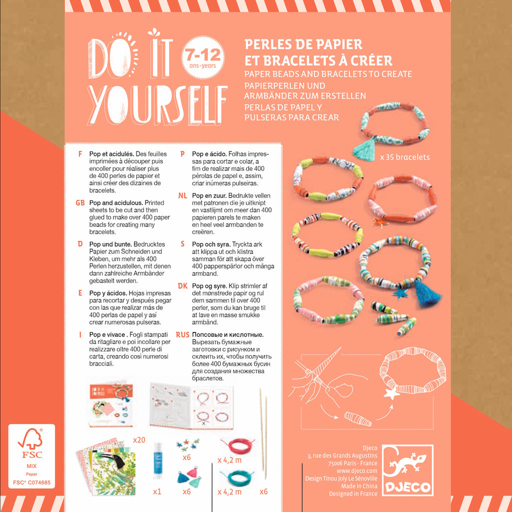 A DIY kit for making vibrant bracelets using rolled paper beads in fun patterns and bright colours.